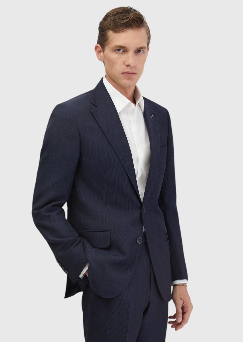 İndigo Çizgili Zeroweight Slim Fit Yün Karışımlı Takım Elbise - 1