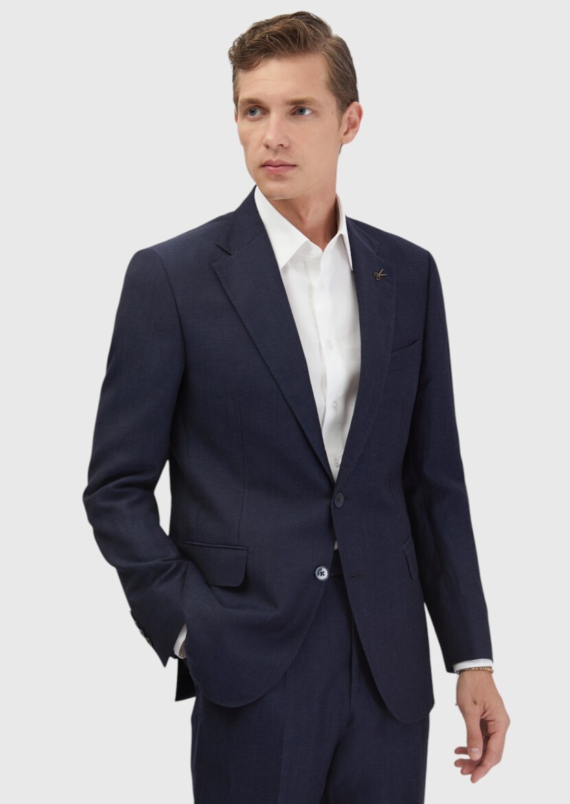 İndigo Çizgili Zeroweight Slim Fit Yün Karışımlı Takım Elbise - 3