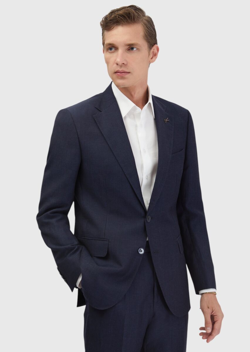 İndigo Çizgili Zeroweight Slim Fit Yün Karışımlı Takım Elbise - 3