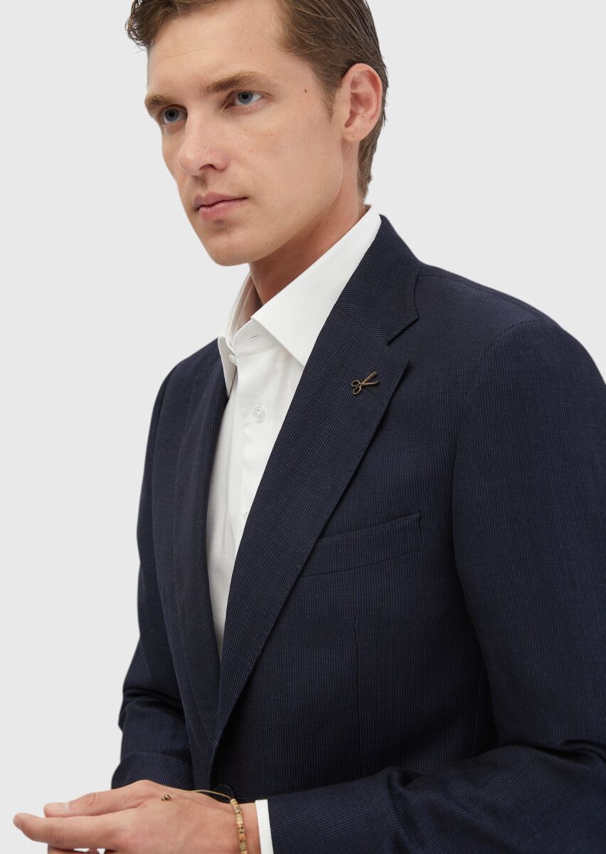 İndigo Çizgili Zeroweight Slim Fit Yün Karışımlı Takım Elbise - 4