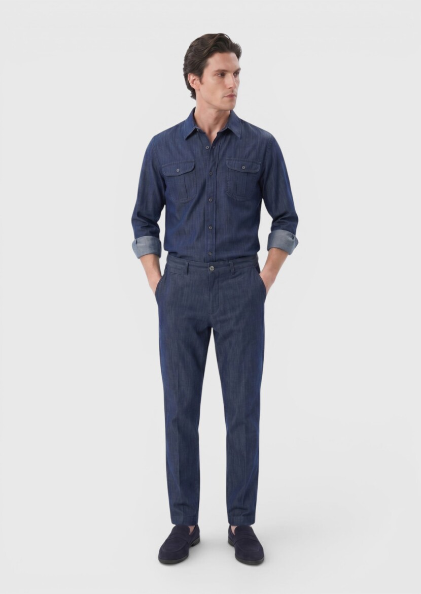 Indigo Denim Straight Fit Casual Cotton Blended Trousers - RAMSEY