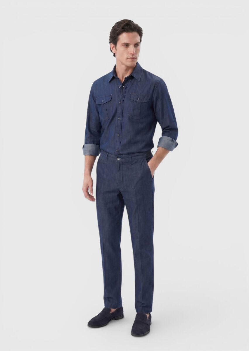 Indigo Denim Straight Fit Casual Cotton Blended Trousers - 4