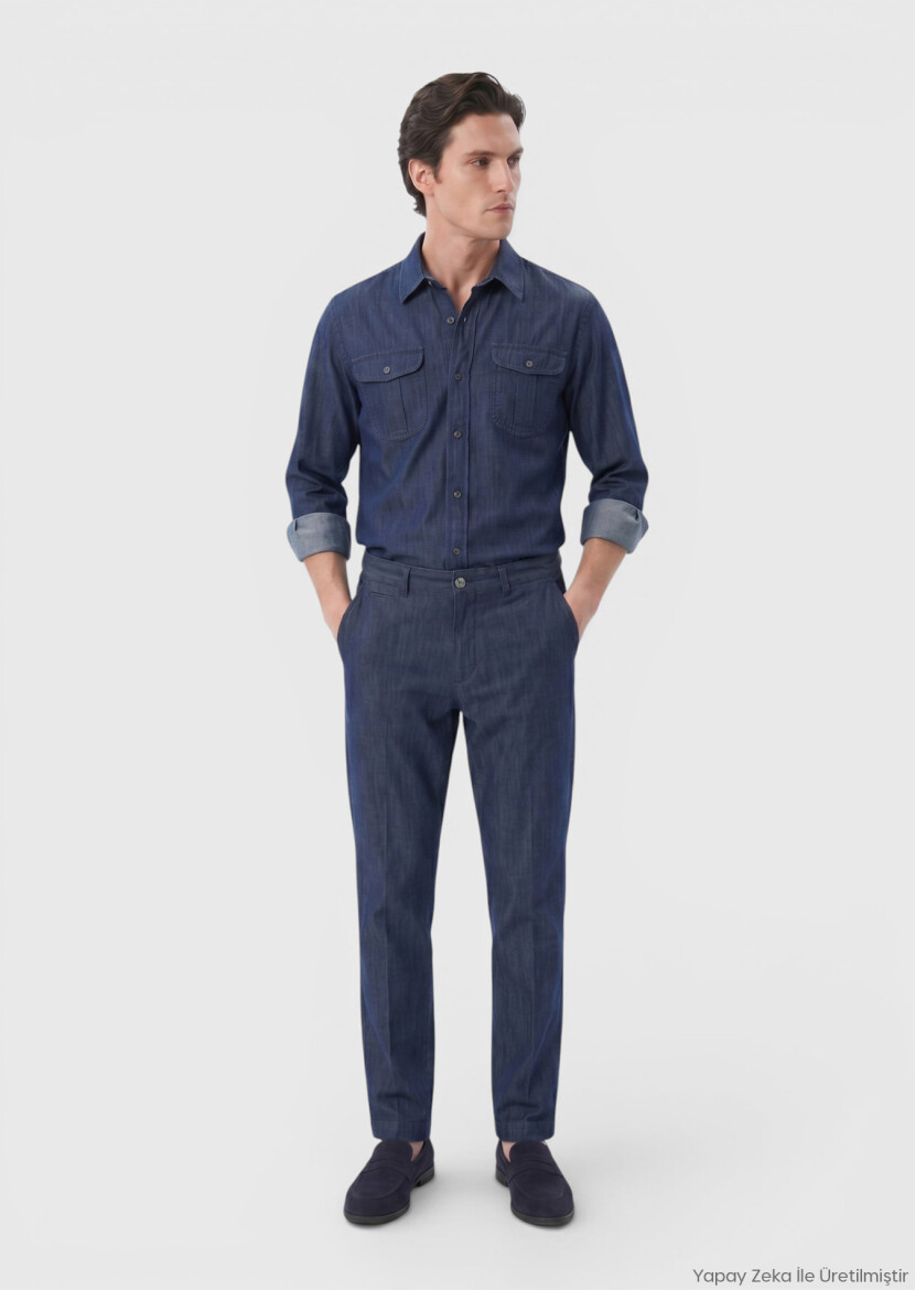 Indigo Denim Straight Fit Casual Cotton Blended Trousers - RAMSEY