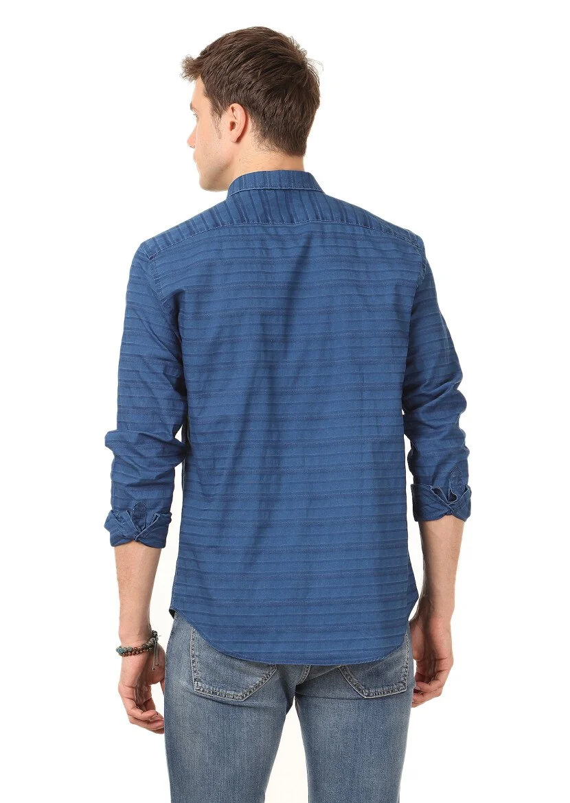 İndigo Desenli Dinamik Fit Dokuma Casual Pamuk Karışımlı Gömlek - 4