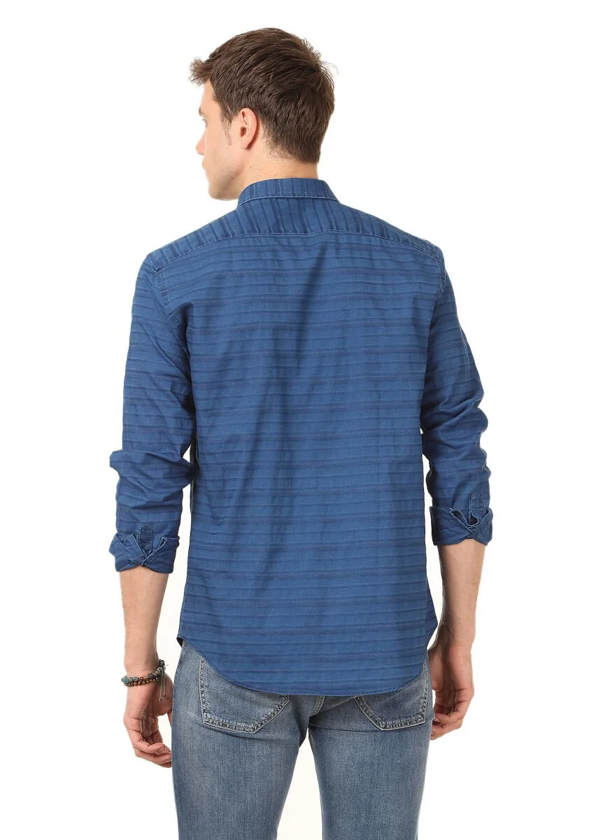 İndigo Desenli Dinamik Fit Dokuma Casual Pamuk Karışımlı Gömlek - 4