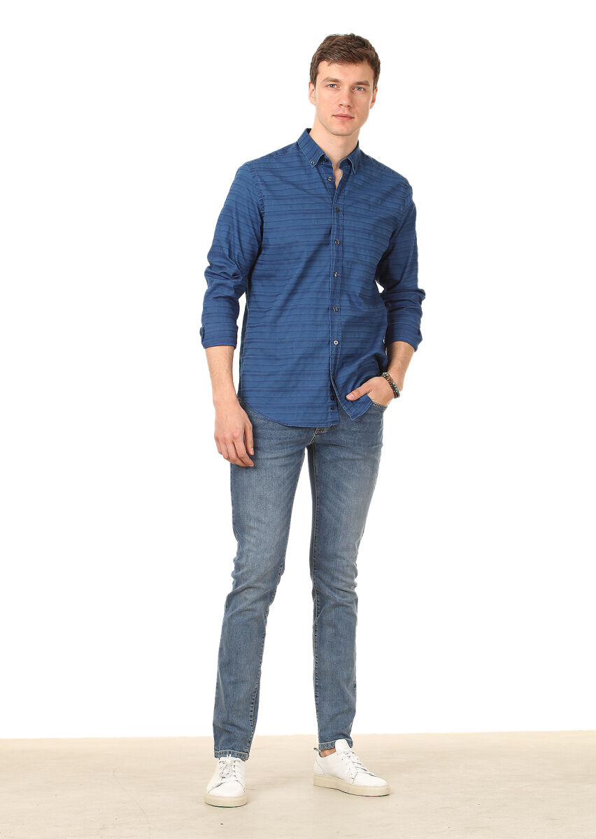 İndigo Desenli Dinamik Fit Uzun Dokuma Casual Pamuk Karışımlı Gömlek - 3
