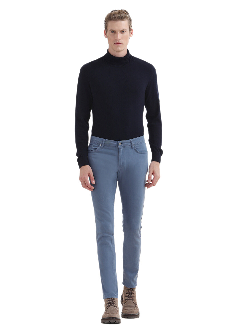 İndigo Desenli Dokuma Slim Fit Casual Pamuk Karışımlı Pantolon - RAMSEY