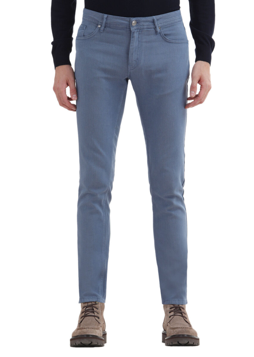 İndigo Desenli Dokuma Slim Fit Casual Pamuk Karışımlı Pantolon - 2