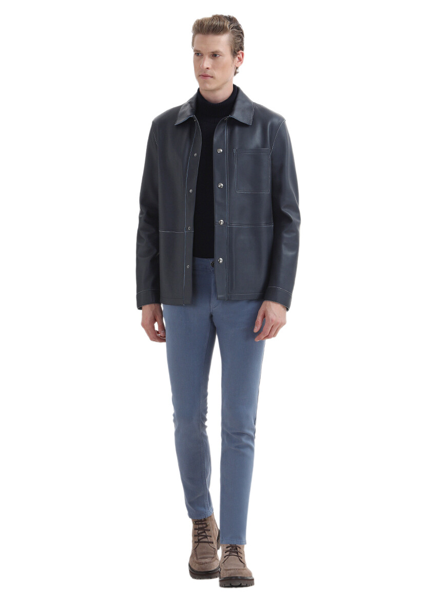 İndigo Desenli Dokuma Slim Fit Casual Pamuk Karışımlı Pantolon - 3