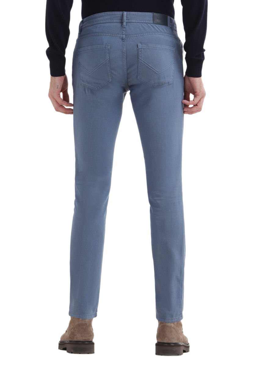 İndigo Desenli Dokuma Slim Fit Casual Pamuk Karışımlı Pantolon - 5