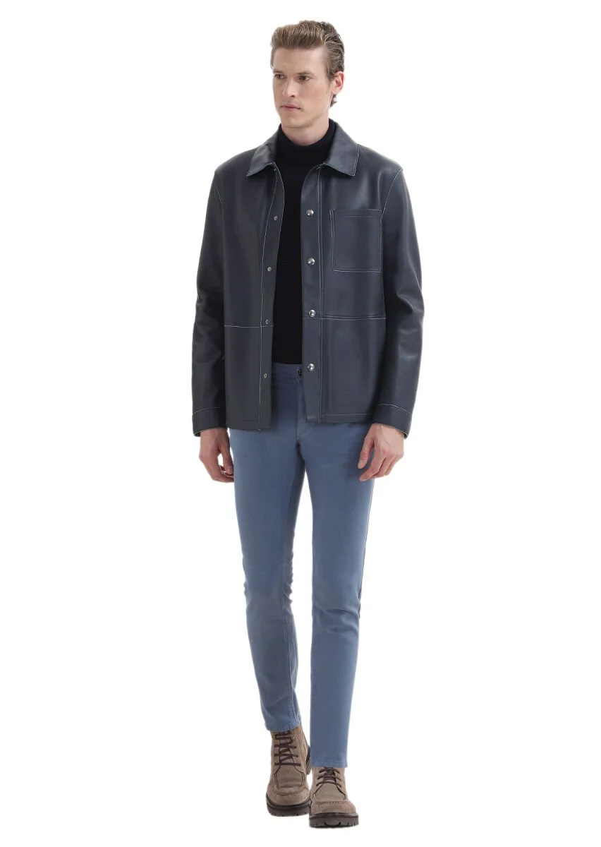 İndigo Desenli Dokuma Slim Fit Casual Pamuk Karışımlı Pantolon - 3