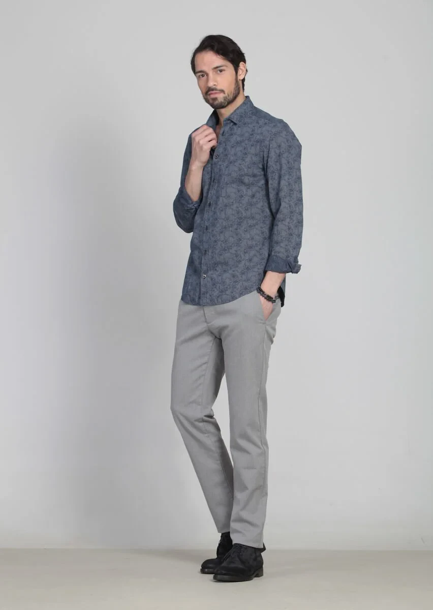 İndigo Desenli Fitted Fit Dokuma Casual %100 Pamuk Gömlek - 2