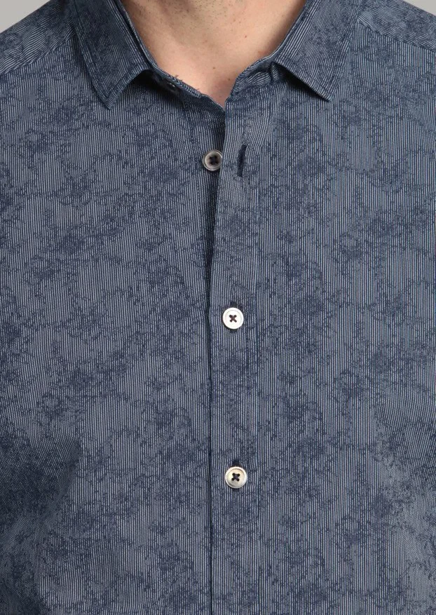 İndigo Desenli Fitted Fit Dokuma Casual %100 Pamuk Gömlek - 4