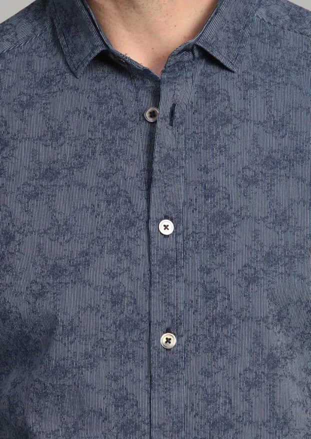 İndigo Desenli Fitted Fit Dokuma Casual %100 Pamuk Gömlek - 4