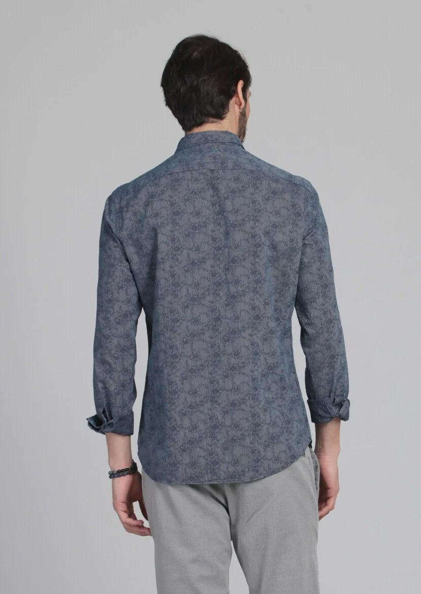 İndigo Desenli Fitted Fit Dokuma Casual %100 Pamuk Gömlek - 5