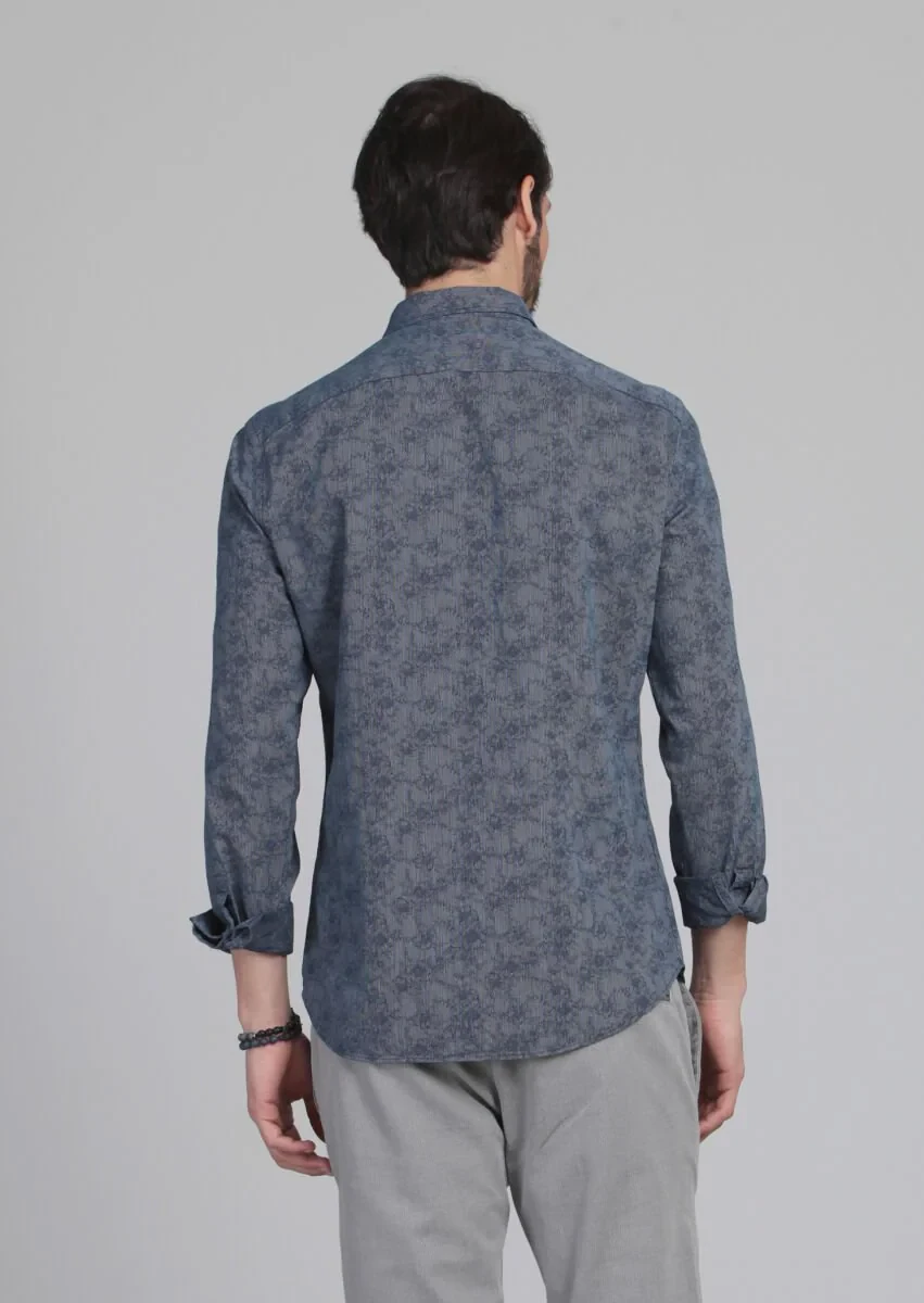 İndigo Desenli Fitted Fit Dokuma Casual %100 Pamuk Gömlek - 5