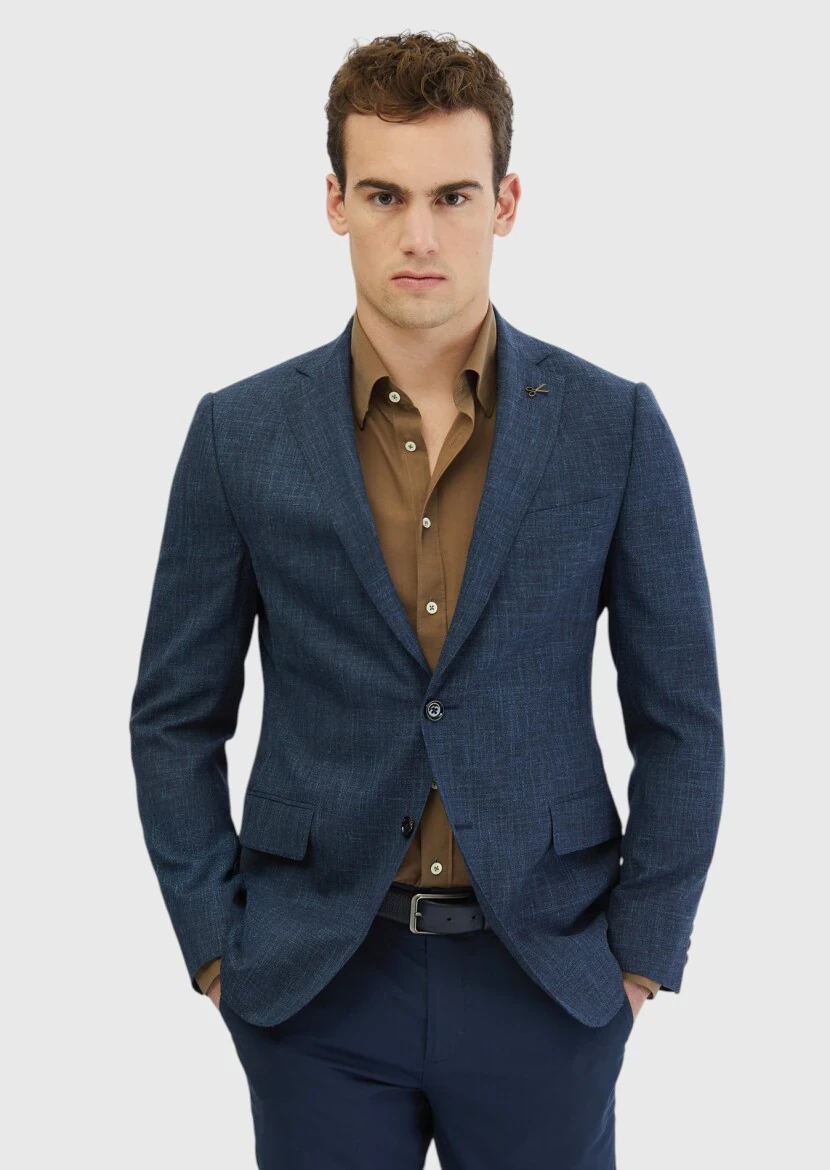 İndigo Desenli Regular Fit İpek Karışımlı Ceket - 1