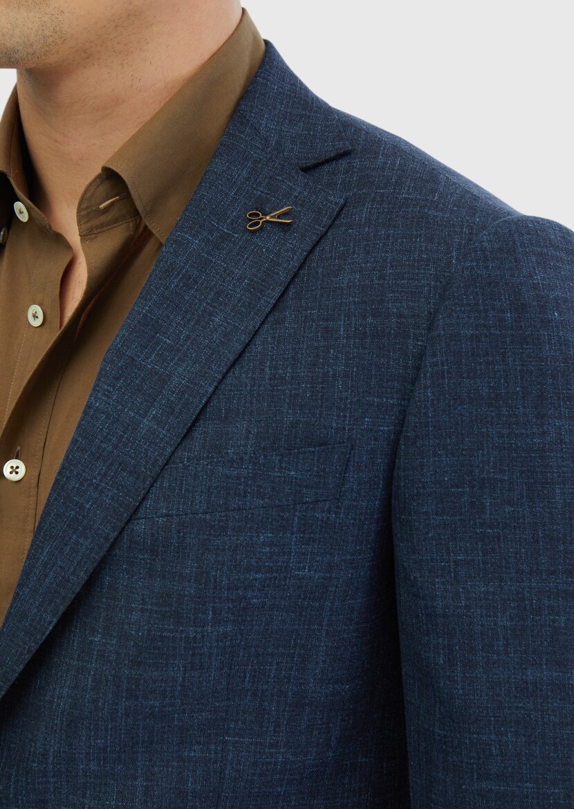 İndigo Desenli Regular Fit İpek Karışımlı Ceket - 4