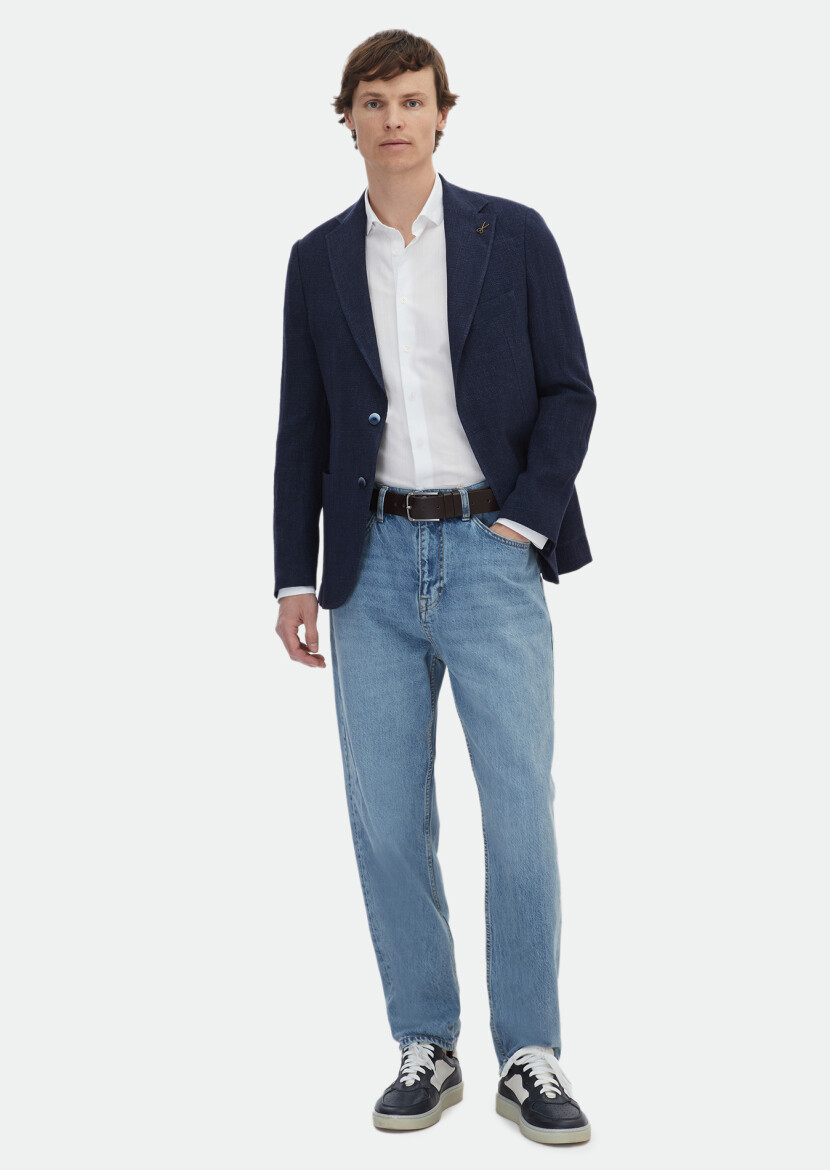 İndigo Desenli Shirt Shoulder Slim Fit %100 Keten Ceket 