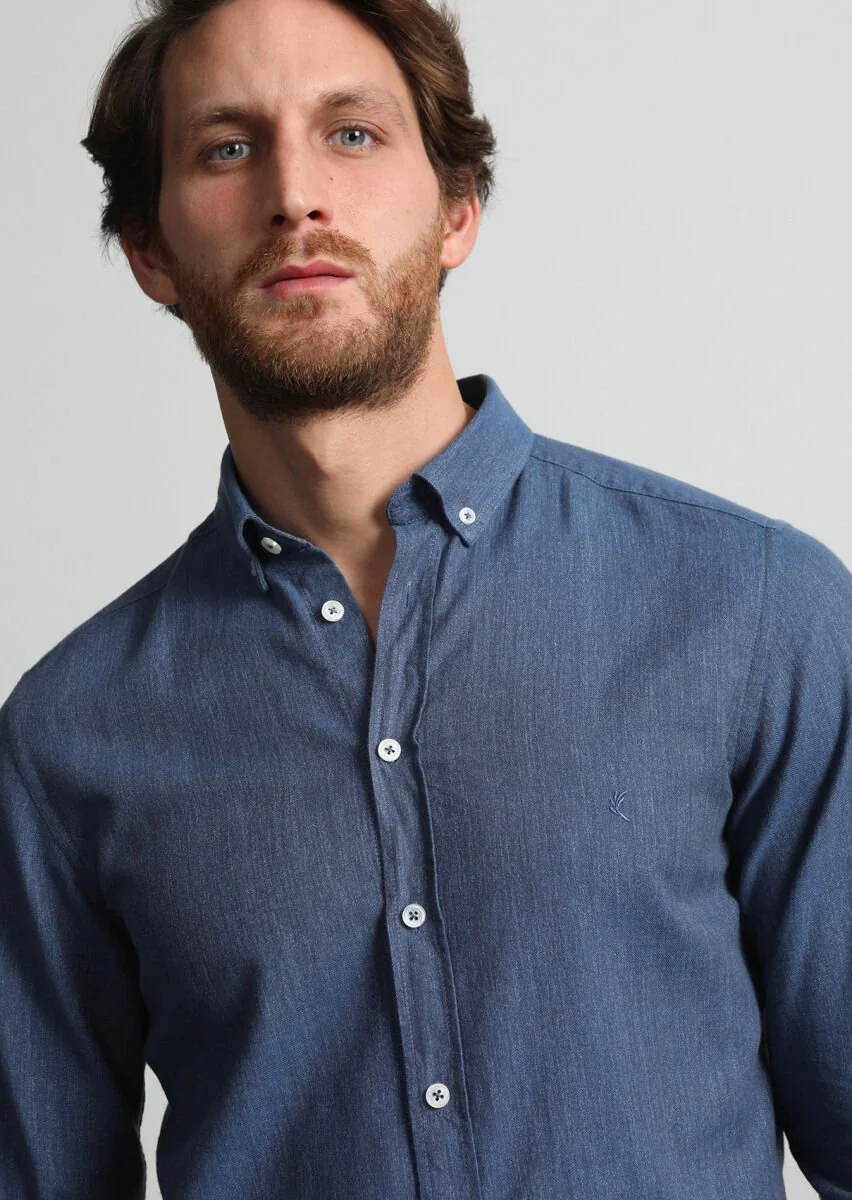 İndigo Desenli Slim Fit Dokuma Casual %100 Pamuk Gömlek - 2