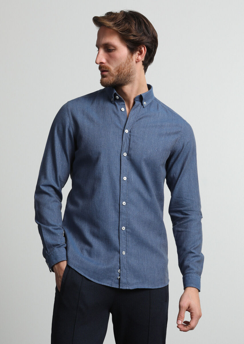 İndigo Desenli Slim Fit Uzun Dokuma Casual %100 Pamuk Gömlek - 1