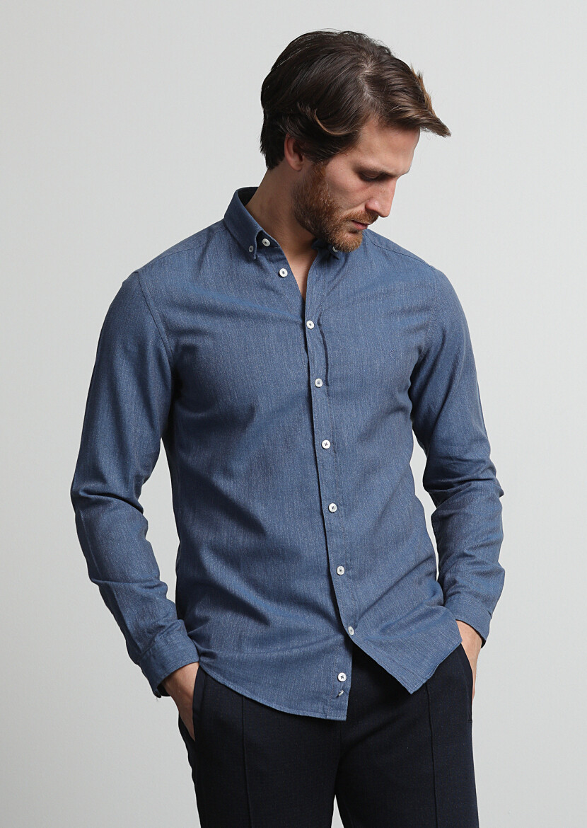 İndigo Desenli Slim Fit Uzun Dokuma Casual %100 Pamuk Gömlek - 2