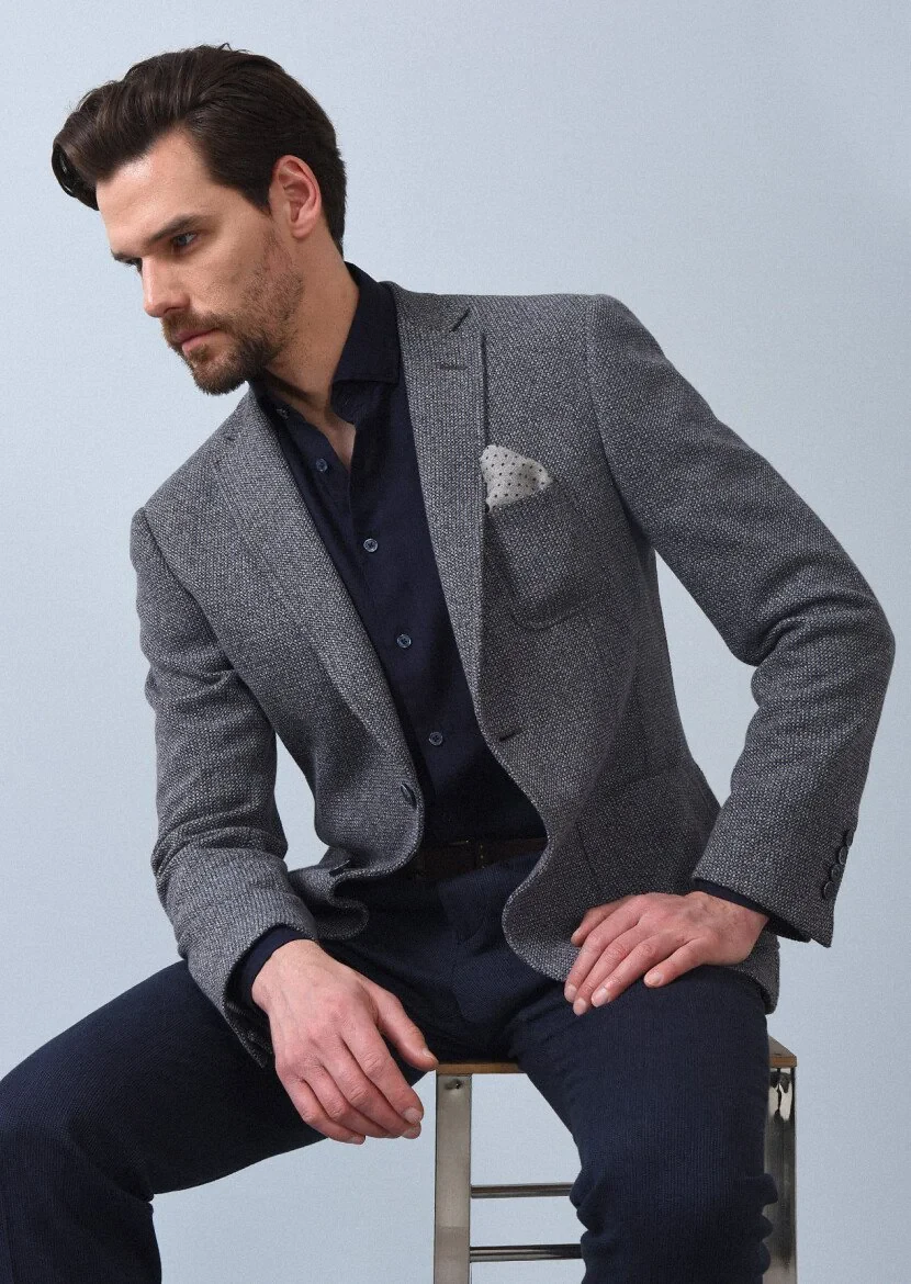 İndigo Desenli Zeroweight Slim Fit %100 Pamuk Örme Ceket - 1