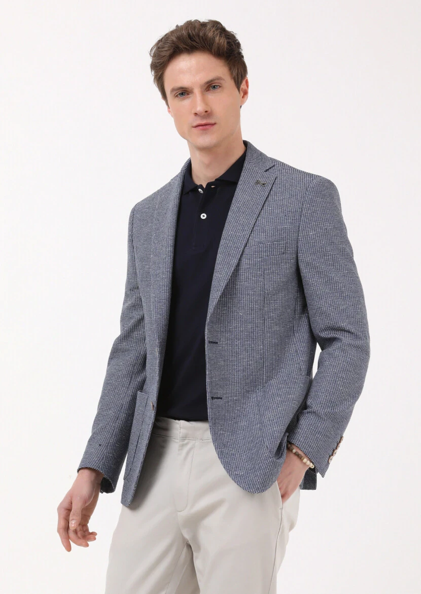 İndigo Desenli Zeroweight Slim Fit Pamuk Karışımlı Örme Ceket - 1