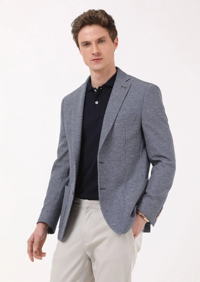 İndigo Desenli Zeroweight Slim Fit Pamuk Karışımlı Örme Ceket - 1