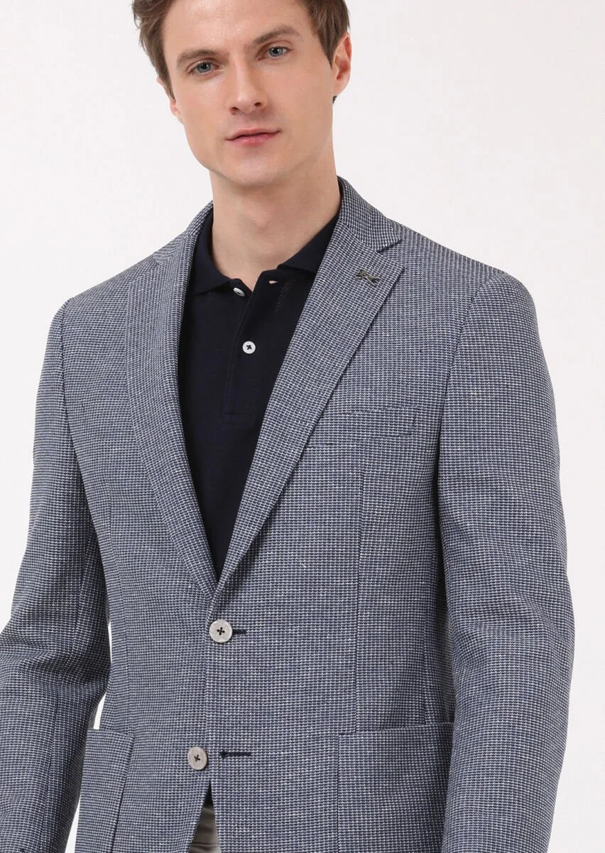 İndigo Desenli Zeroweight Slim Fit Pamuk Karışımlı Örme Ceket - 3