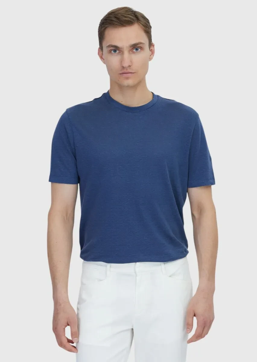 İndigo Düz Bisiklet Yaka %100 Keten T-Shirt - 1