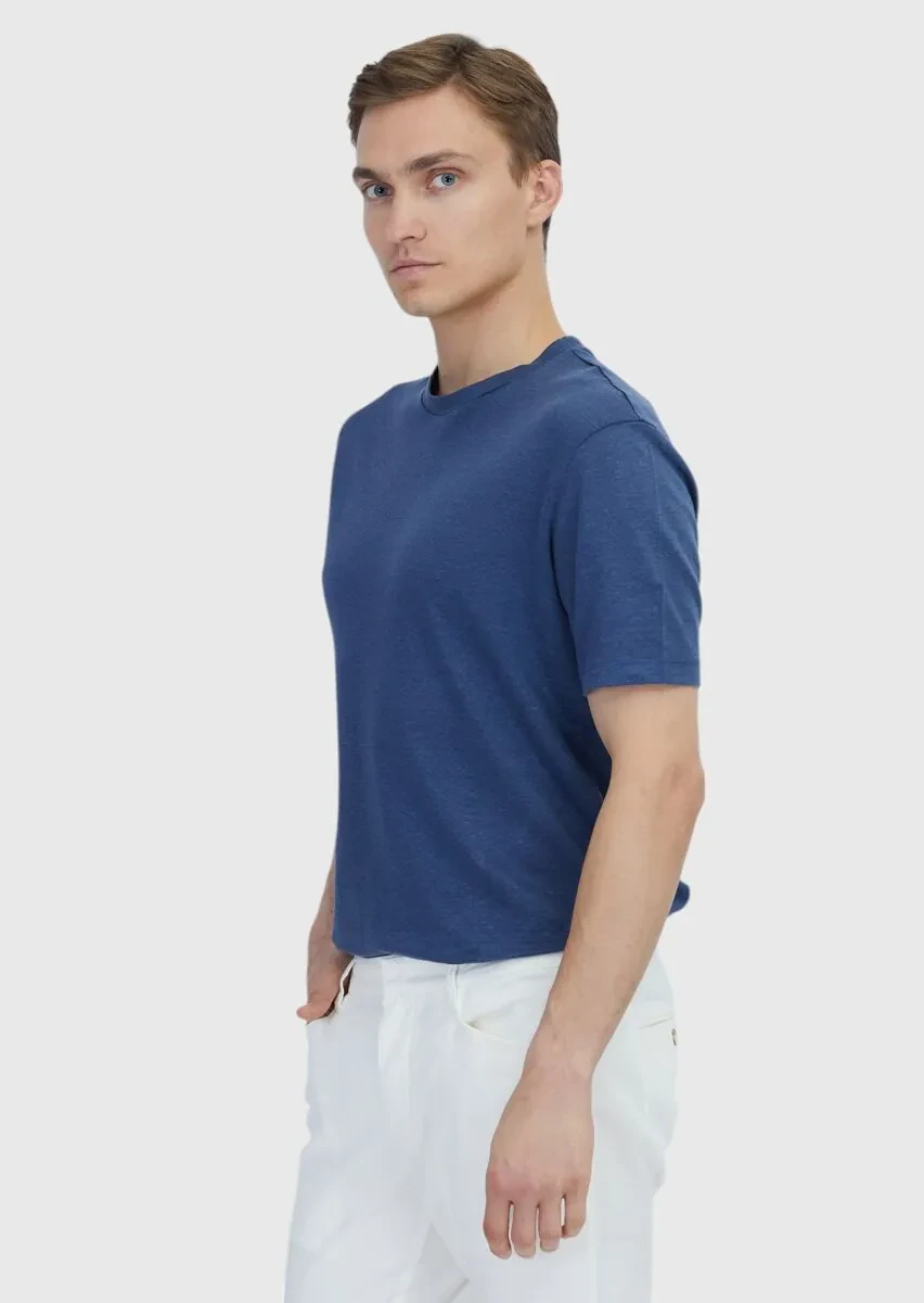 İndigo Düz Bisiklet Yaka %100 Keten T-Shirt - 3