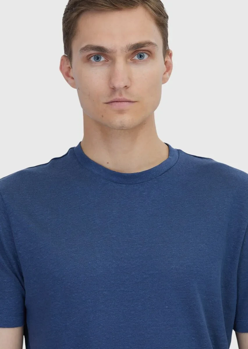 İndigo Düz Bisiklet Yaka %100 Keten T-Shirt - 4
