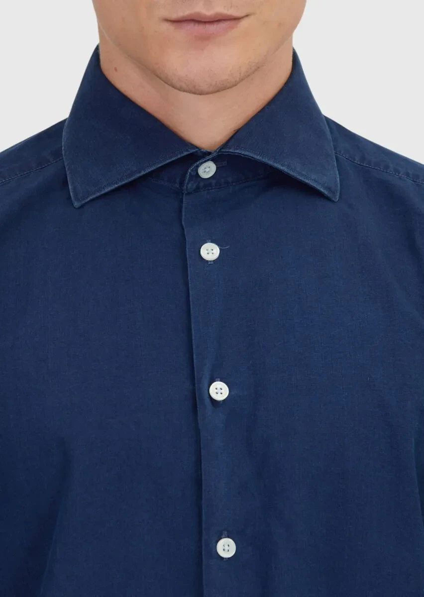 İndigo Düz Casual Fit Dokuma Casual %100 Pamuk Gömlek - 4