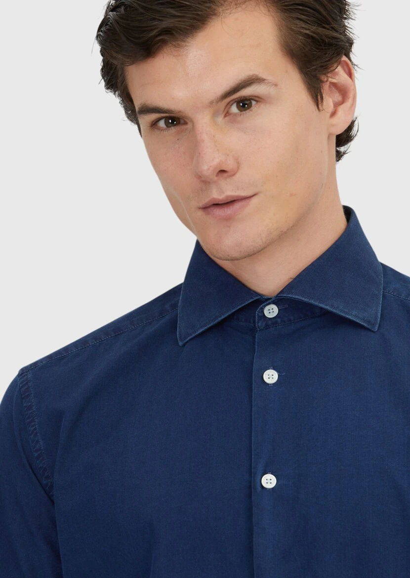 İndigo Düz Casual Fit Dokuma Casual %100 Pamuk Gömlek - 3