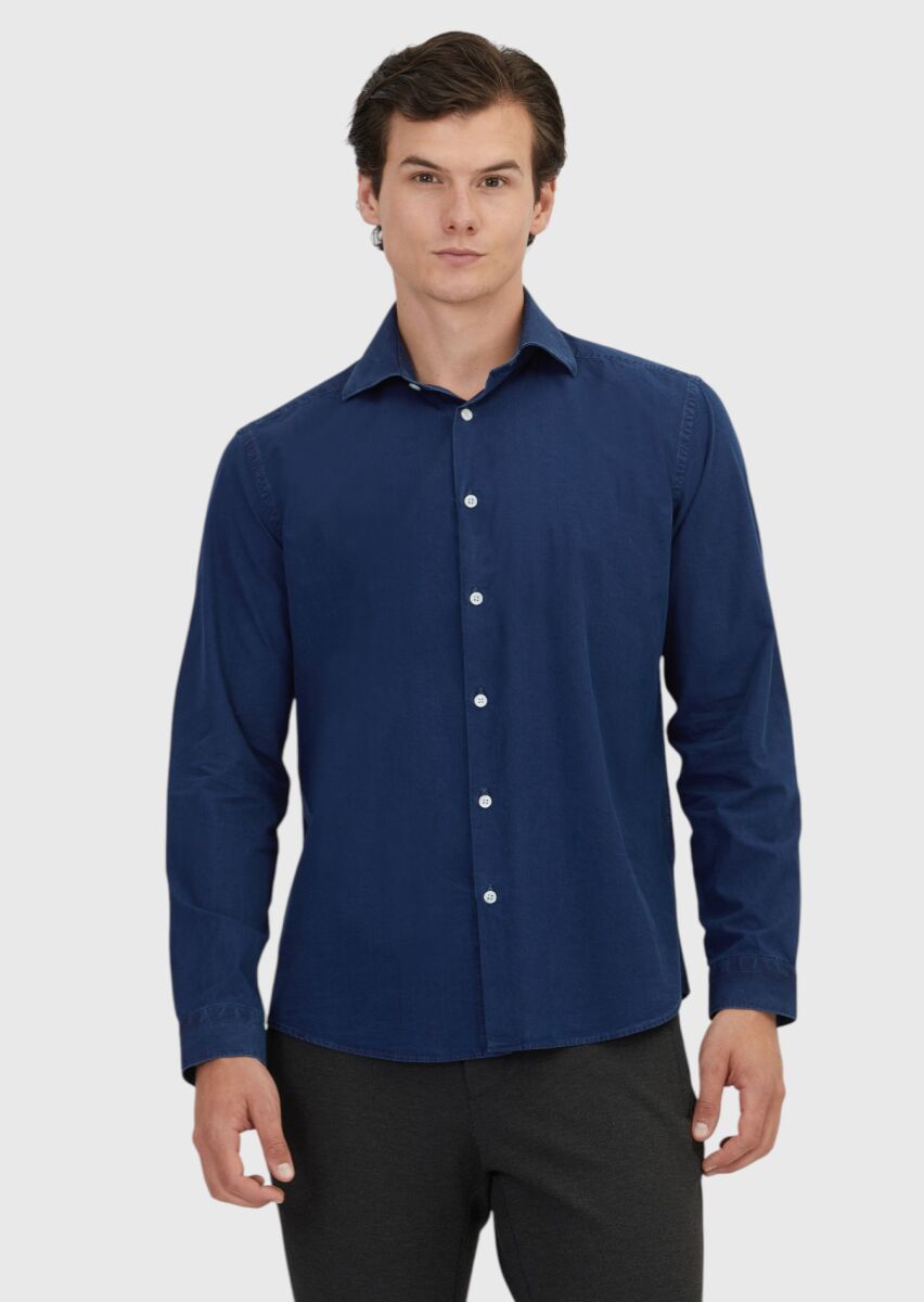 İndigo Düz Casual Fit Dokuma Casual %100 Pamuk Gömlek - 1