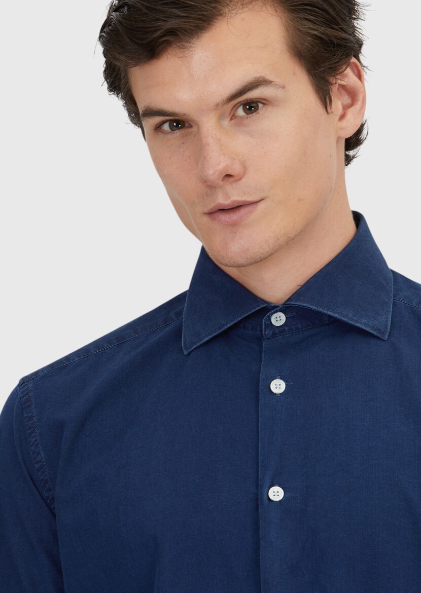 İndigo Düz Casual Fit Dokuma Casual %100 Pamuk Gömlek - 3