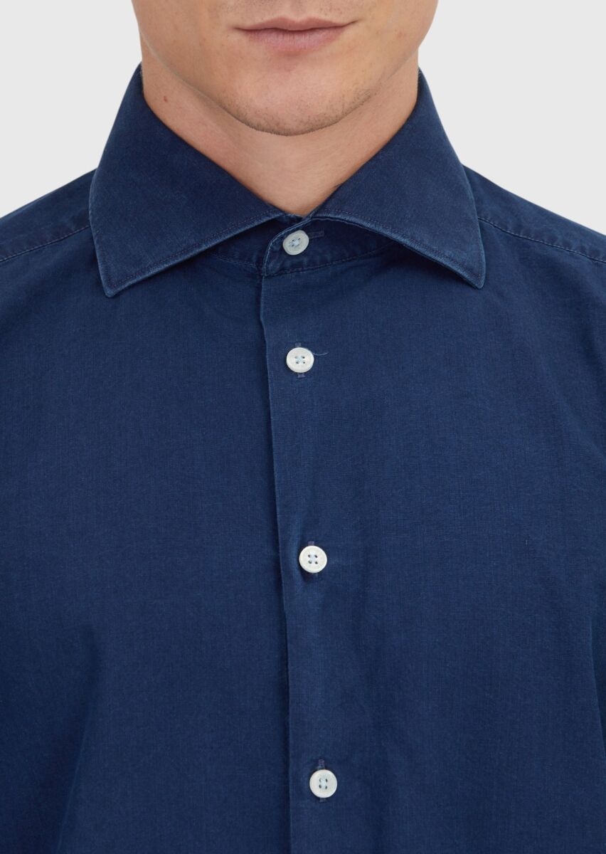 İndigo Düz Casual Fit Dokuma Casual %100 Pamuk Gömlek - 4