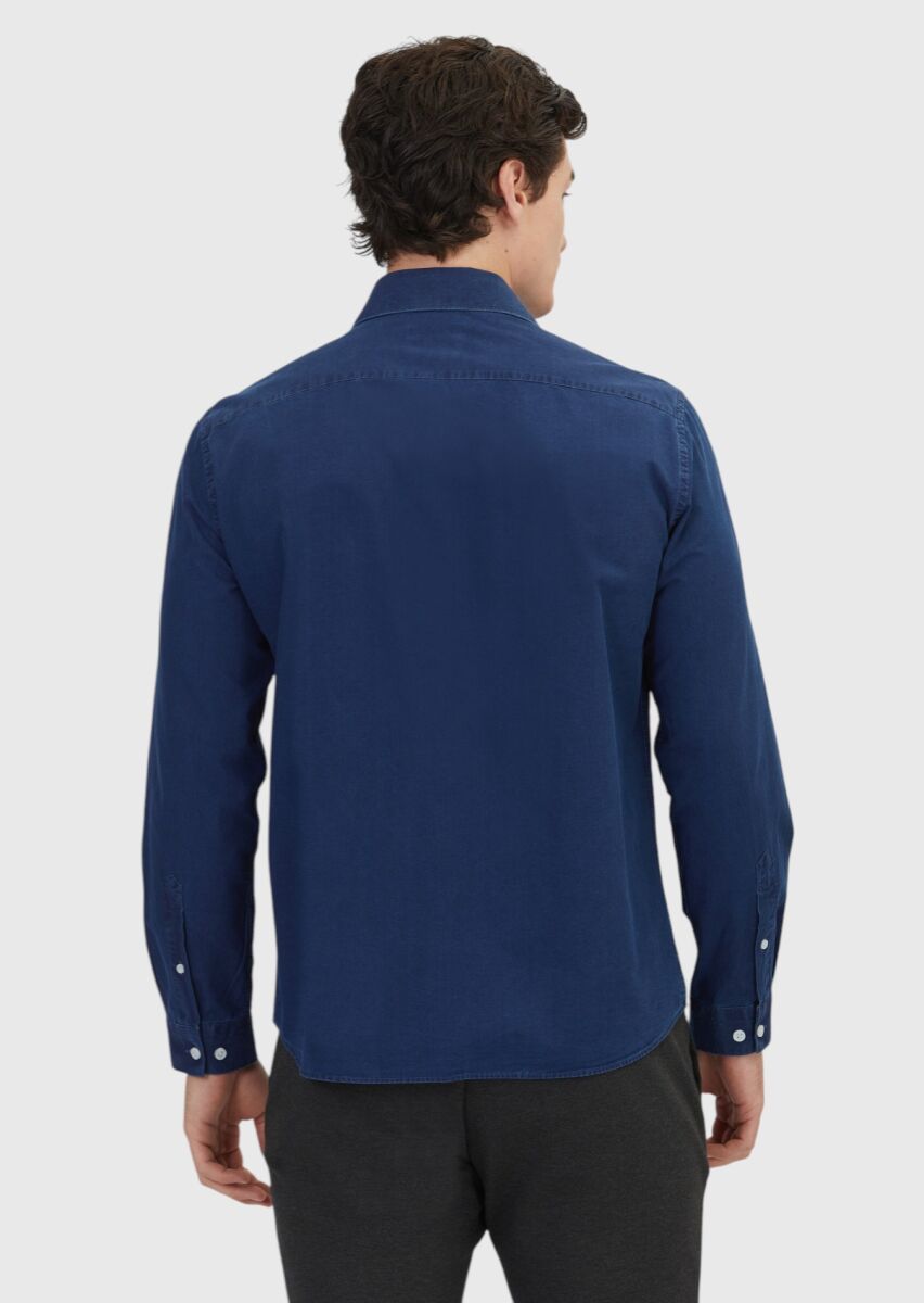 İndigo Düz Casual Fit Dokuma Casual %100 Pamuk Gömlek - 5