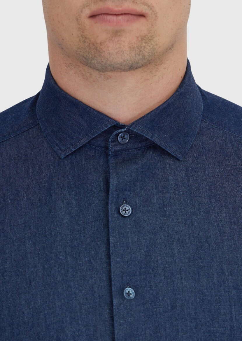 İndigo Düz Casual Fit Dokuma Casual %100 Pamuk Gömlek - 4