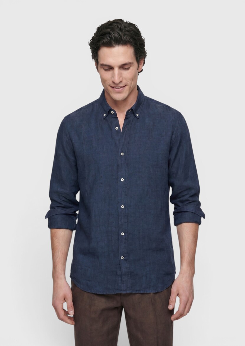 İndigo Düz Casual Fit Uzun Dokuma Casual %100 Keten Gömlek 