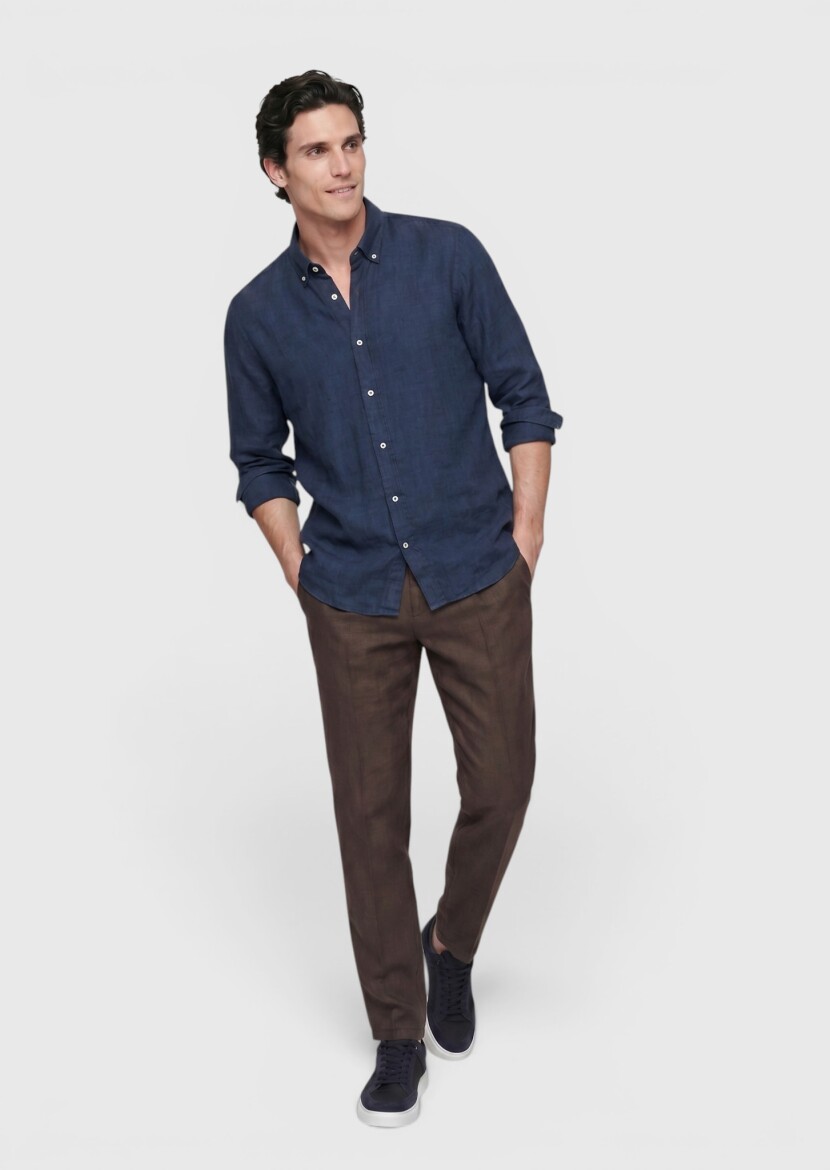 İndigo Düz Casual Fit Uzun Dokuma Casual %100 Keten Gömlek - RAMSEY
