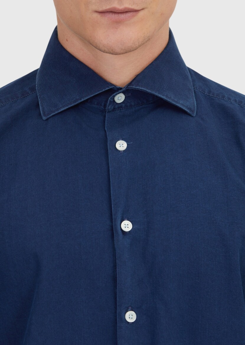 İndigo Düz Casual Fit Uzun Dokuma Casual %100 Pamuk Gömlek - 4