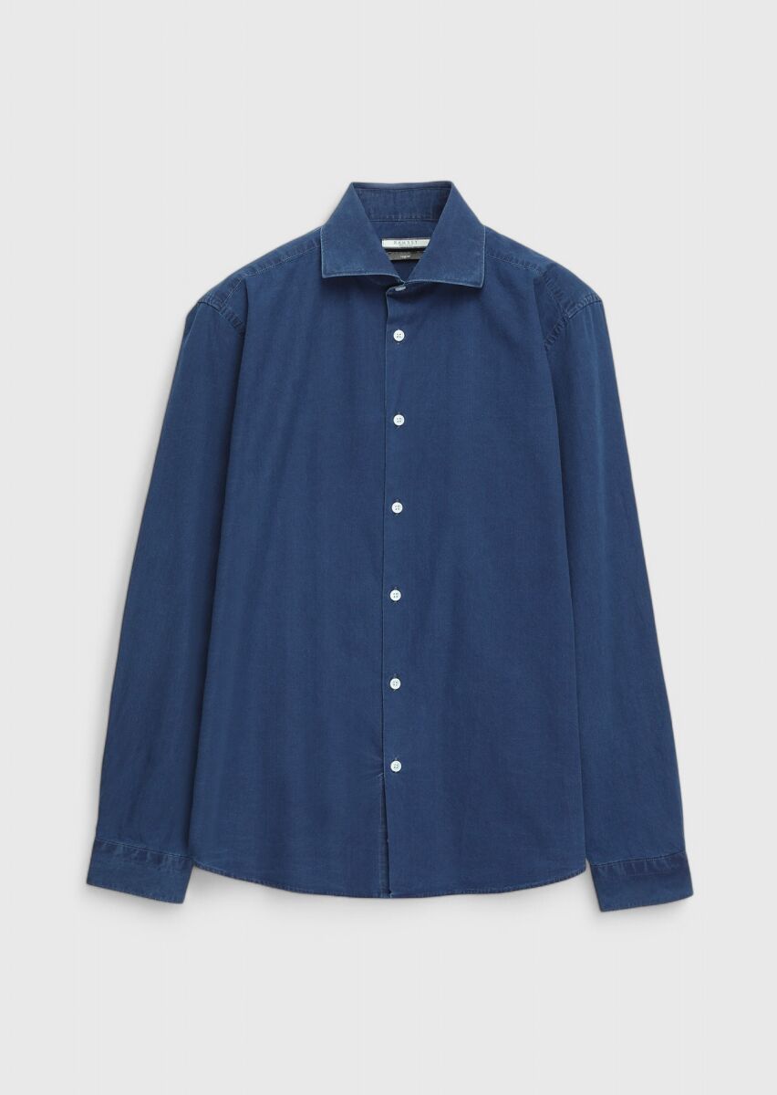 İndigo Düz Casual Fit Uzun Dokuma Casual %100 Pamuk Gömlek - 6
