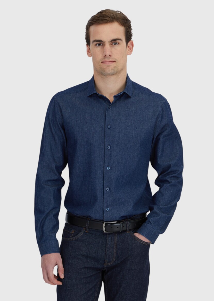 İndigo Düz Casual Fit Uzun Dokuma Casual %100 Pamuk Gömlek - 1