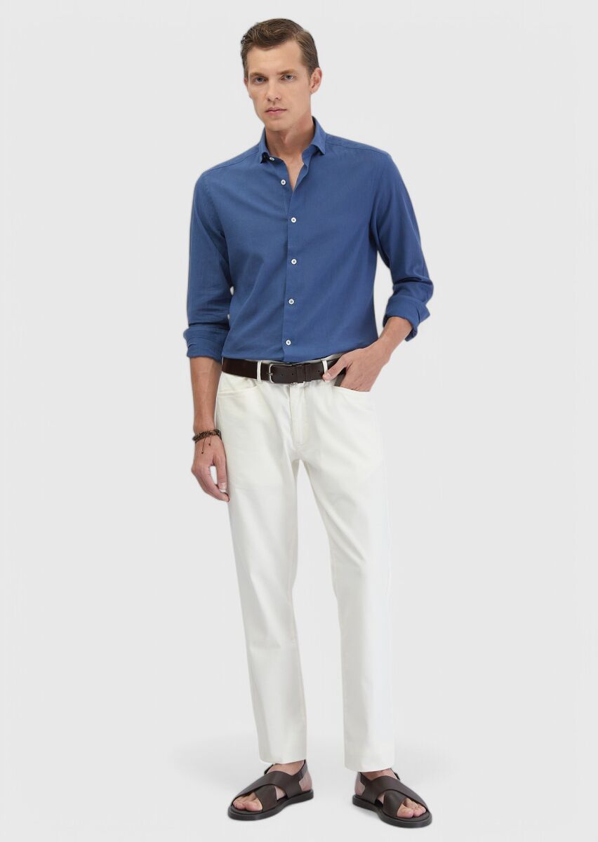 İndigo Düz Casual Fit Uzun Dokuma Casual %100 Pamuk Gömlek - 2
