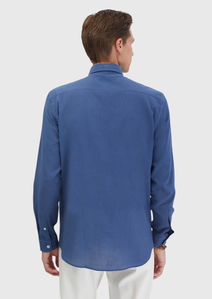 İndigo Düz Casual Fit Uzun Dokuma Casual %100 Pamuk Gömlek - 5