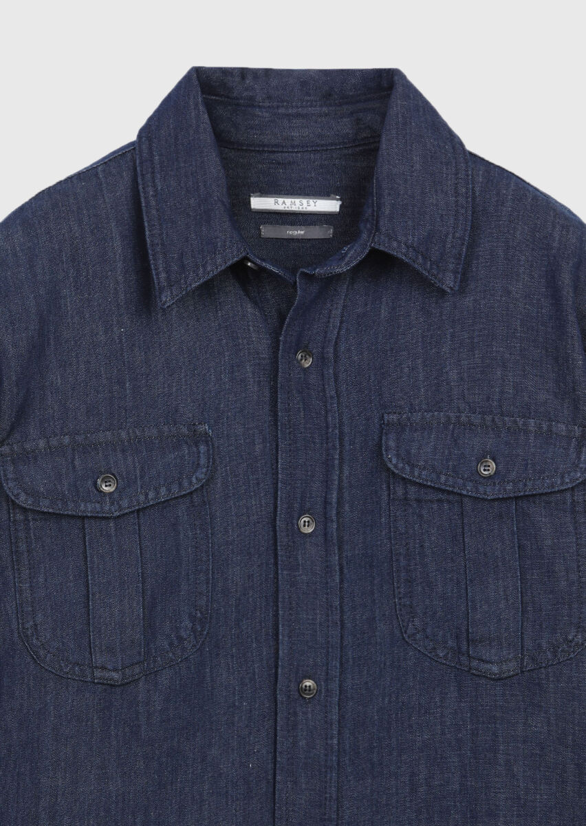 İndigo Düz Casual Fit Uzun Dokuma Casual Pamuk Karışımlı Gömlek - 2