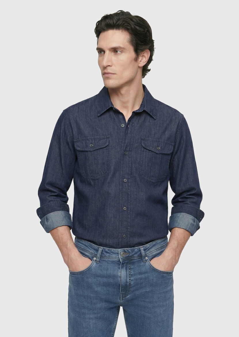 İndigo Düz Casual Fit Uzun Dokuma Casual Pamuk Karışımlı Gömlek - RAMSEY
