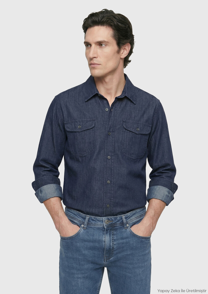 İndigo Düz Casual Fit Uzun Dokuma Casual Pamuk Karışımlı Gömlek - RAMSEY